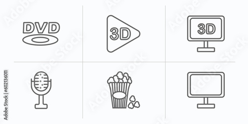 cinema outline icons set. thin line icons such as dvd, 3d video, 3 dimension screen, studio mic, popcorn box, flat tv vector.