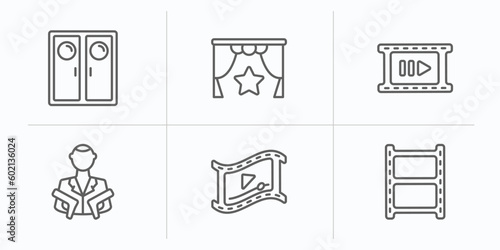 cinema outline icons set. thin line icons such as doorway, premiere, slow motion, hitman, video clip, photograms vector.