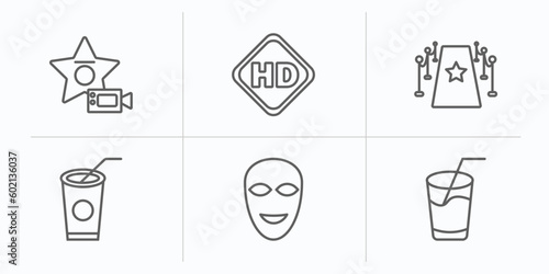 cinema outline icons set. thin line icons such as famous cinema star, hd video, red carpet, papper cup with straw, smile mask, drink with straw vector.