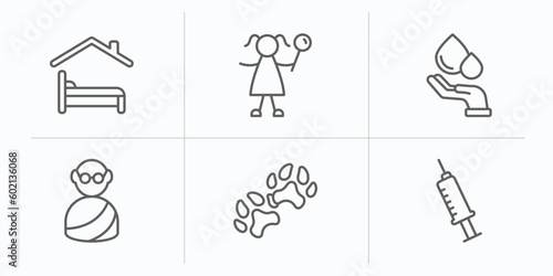 charity outline icons set. thin line icons such as shelter beds, happy kids, blood donation, , dog pawprint, vaccine vector.