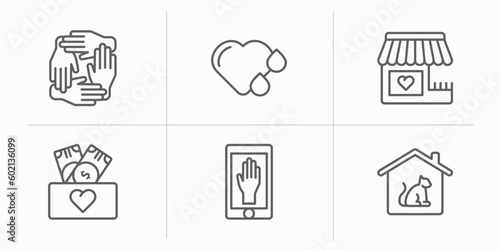 charity outline icons set. thin line icons such as solidarity, heart drop, charity shop, cash box, charity app, animal shelter vector.