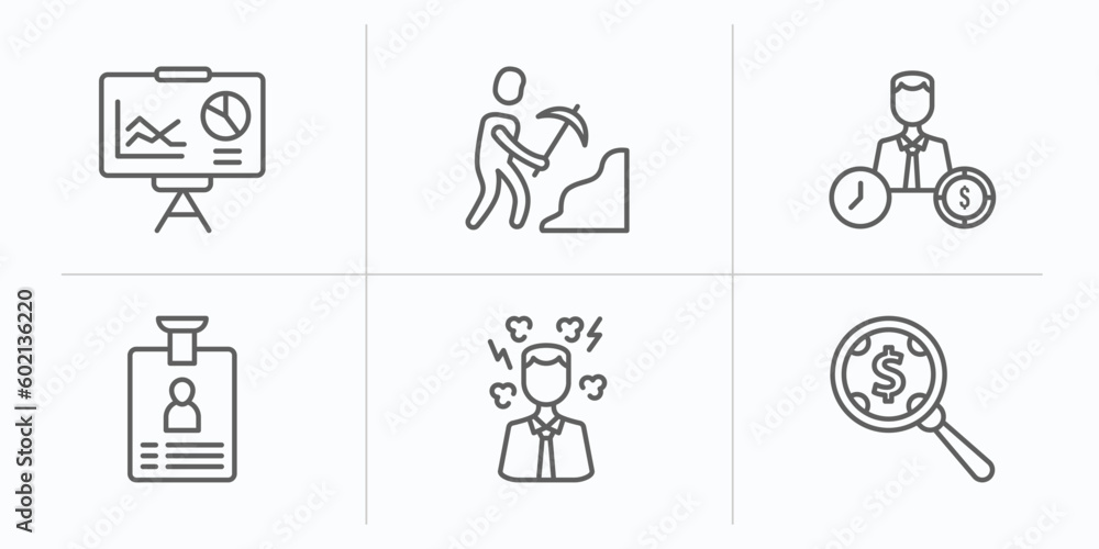 business outline icons set. thin line icons such as statistics presentation, worker digging a hole, worker money time, identity card, angry boss, money searcher vector. business outline icons set. thin line icons such as statistics presentation, worker digging a hole, worker money time, identity card, angry boss, money searcher vector.