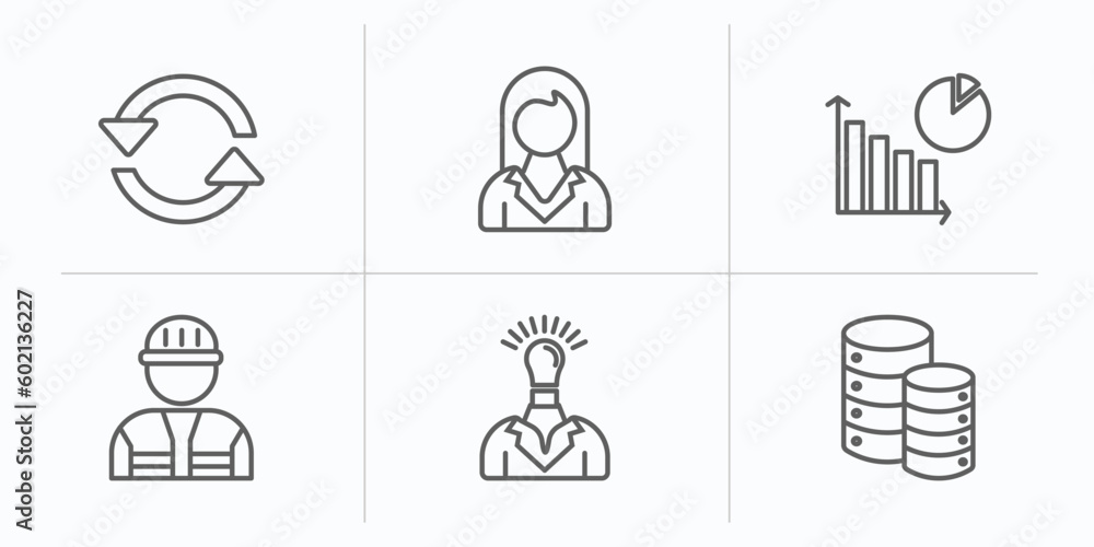 business outline icons set. thin line icons such as synchronization, businesswoman, diagram, worker, solution, data vector. business outline icons set. thin line icons such as synchronization, businesswoman, diagram, worker, solution, data vector.