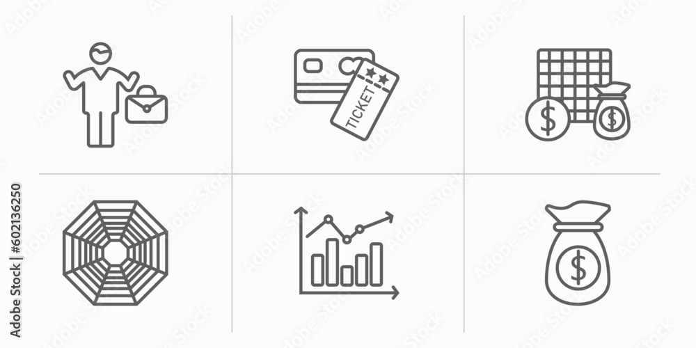 business outline icons set. thin line icons such as man success, credit card and ticket, economy games, spider chart, measuring success, dollar on business time vector. business outline icons set. thin line icons such as man success, credit card and ticket, economy games, spider chart, measuring success, dollar on business time vector.