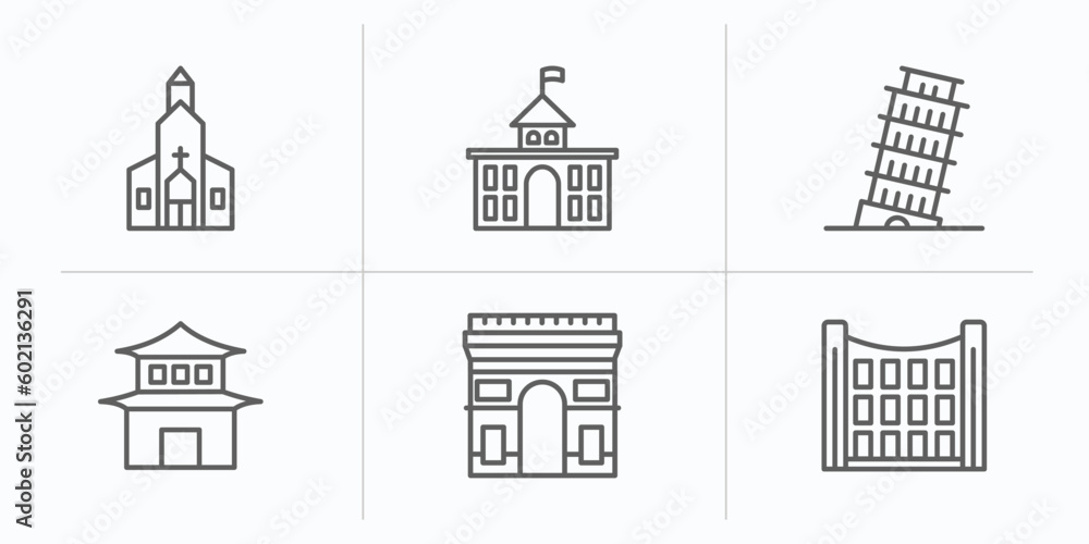 buildings outline icons set. thin line icons such as chuch, goverment building, pisa tower, pagoda, arc de triomphe, uno building vector.