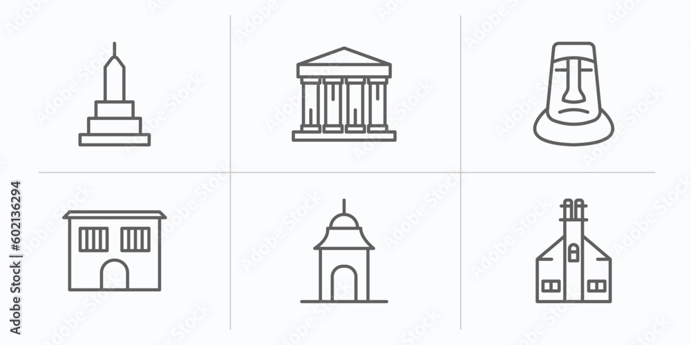 buildings outline icons set. thin line icons such as buddist cemetery, greece, rapa nui, prison, hindu temple, moot hall vector.