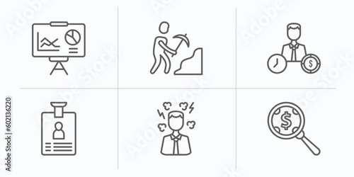 business outline icons set. thin line icons such as statistics presentation, worker digging a hole, worker money time, identity card, angry boss, money searcher vector.