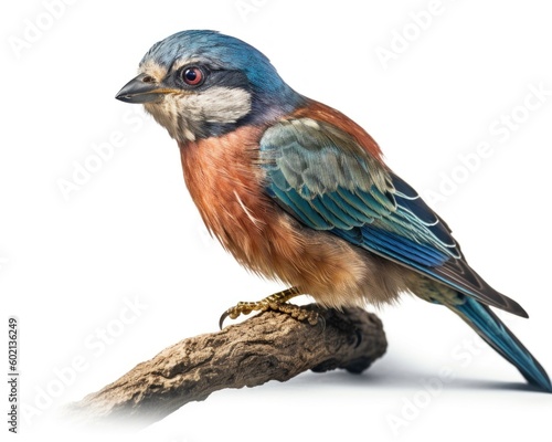 A colorful bird with blue feathers sits on a branch. Generative AI