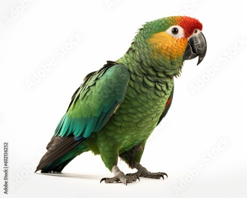 A green parrot with a red and yellow head and green feathers stay on a white background. Generative AI