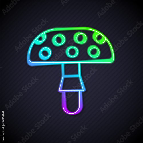 Glowing neon line Amanita muscaria or fly agaric hallucinogenic toadstool mushroom icon isolated on black background. Spotted poisonous mushroom. Vector
