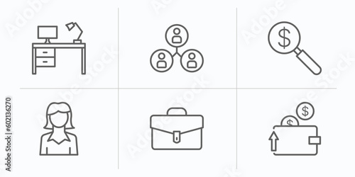 business outline icons set. thin line icons such as work table, cooperate, money finder, businesswomen, business briefcase, purpose of saving money vector.