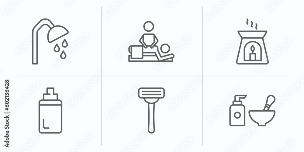 beauty outline icons set. thin line icons such as shower place, relaxing massage, aromatherapy, baby powder, shaving, spa tools vector.