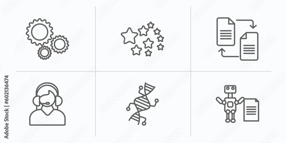 artificial intellegence outline icons set. thin line icons such as hine, outer space, file transfer, assistant, genetic modification, laws of robotics vector.