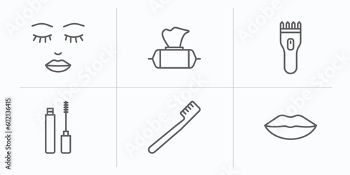 beauty outline icons set. thin line icons such as woman face, wet wipes, hair clipper, mascara, toothbrush, lips vector.