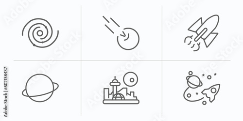 astronomy outline icons set. thin line icons such as black hole, comet, liftoff, saturn, space colony, space travel vector.