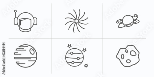 astronomy outline icons set. thin line icons such as astranaut helmet, milky way, galaxy, death star, jupiter with satellite, asteroid vector.