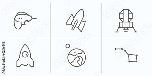 astronomy outline icons set. thin line icons such as gun blaster, rocket start, lander, space ship, earth and moon, constellation vector.