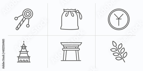 asian outline icons set. thin line icons such as bolang gu, pouch, yuan, temple of heaven, torii gate, spike vector.