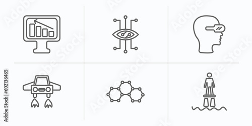 artificial intellegence outline icons set. thin line icons such as business, smart lens, oculus rift, fyling vehicle, graphene, flyboard vector.