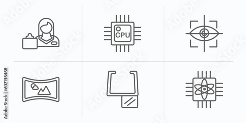 artificial intellegence outline icons set. thin line icons such as shop assistant, cpu, eye tracking, immersive, ar monocle, quantum computing vector.