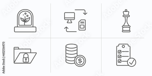 artificial intellegence outline icons set. thin line icons such as artificial atmosphere, data transfer, chess, secure data, coins, check list vector.