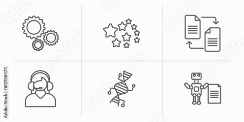 artificial intellegence outline icons set. thin line icons such as hine, outer space, file transfer, assistant, genetic modification, laws of robotics vector.