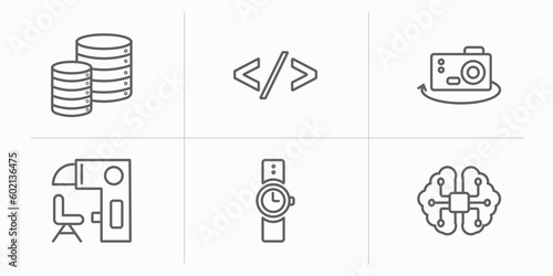 artificial intellegence outline icons set. thin line icons such as database, code, ar camera, sensorama, wristwatch, ai brain vector.