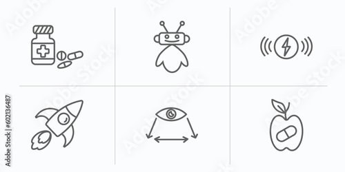 artificial intellegence outline icons set. thin line icons such as medicine, robot assistant, wireless charging, rocket, field of view, synthetic food vector.
