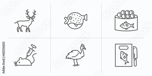 animals outline icons set. thin line icons such as deer  puffer fish  caviar  animal testing  cassowary  fish and knife vector.