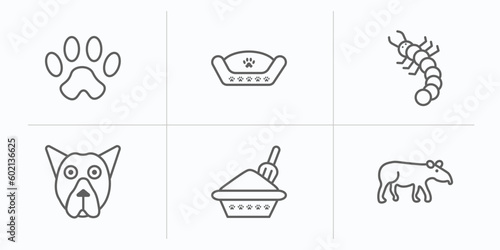 animals outline icons set. thin line icons such as paw, pet bed, grub, pit bull, litter box, tapir vector.