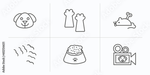 animals outline icons set. thin line icons such as dog head, leg, mouse toy, flock of birds, pet food, documentary vector.