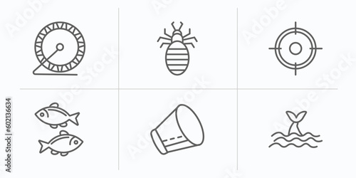 animals outline icons set. thin line icons such as hamster ball, louse, hunt, two golden carps, elizabethan collar, whale zone vector.