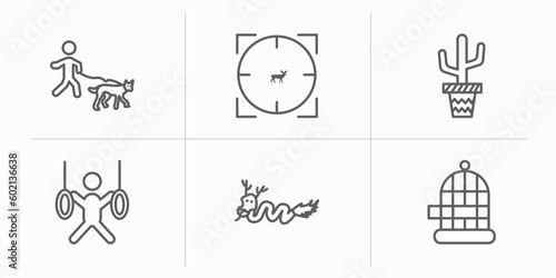 animals outline icons set. thin line icons such as walking dog, hunted, boho, trapeze artists, japanese dragon, cage vector.