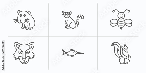 animals outline icons set. thin line icons such as capybara, lemur, bee, wolf, swordfish, skunk vector.
