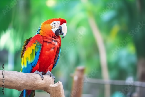 Beautiful parrot sitting on a branch and blurred jungle in background. World Parrot Day