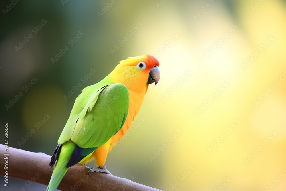 Obraz premium Beautiful parrot sitting on a branch and blurred jungle in background. World&nbsp;Parrot&nbsp;Day