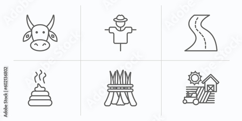 agriculture farming outline icons set. thin line icons such as ox, scarecrow, roak, manure, hay, farm vector.