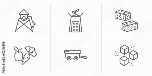 agriculture farming outline icons set. thin line icons such as water tower, composter, bale of hay, vegetable, farm trailer, sugar vector.