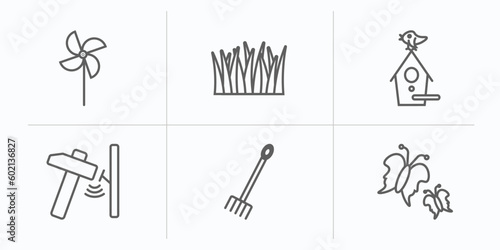 farming outline icons set. thin line icons such as pinwheel, lawn, birdhouse, hammering, rak, butterflies vector.