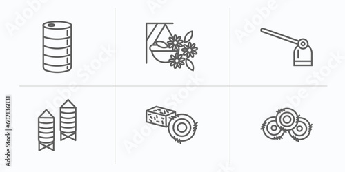 agriculture farming outline icons set. thin line icons such as barrell, hanging pot, hoe, silo, hay roll, bale vector.