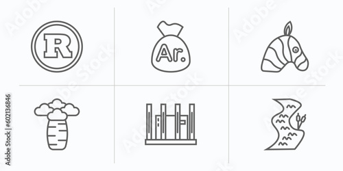 africa outline icons set. thin line icons such as south african rand, malagasy ariary, zebra, baobab, apartheid museum, river vector.