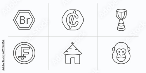 africa outline icons set. thin line icons such as ethiopian birr  cedi  african drum  central african franc  hut  gorilla vector.