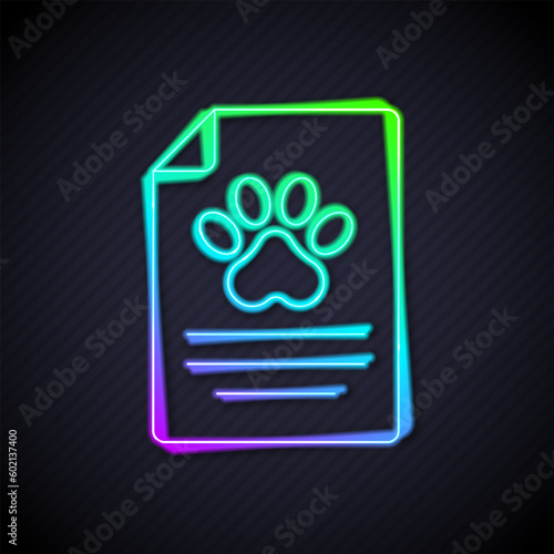 Glowing neon line Clipboard with medical clinical record pet icon isolated on black background. Health insurance form. Medical check marks report. Vector