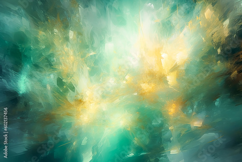 Abstract background with green lights, style of light turquoise and light gold, soft and dreamy atmosphere. Generative Ai.