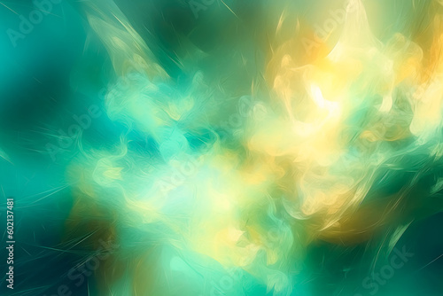 Abstract background with green lights, style of light turquoise and light gold, soft and dreamy atmosphere. Generative Ai.