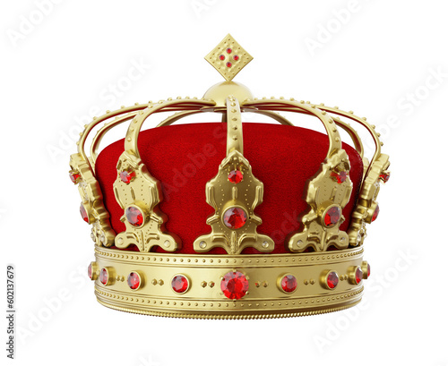 3d royal golden crown with red diamonds on isolated background. Textured king gold crown. 3d rendering illustration.