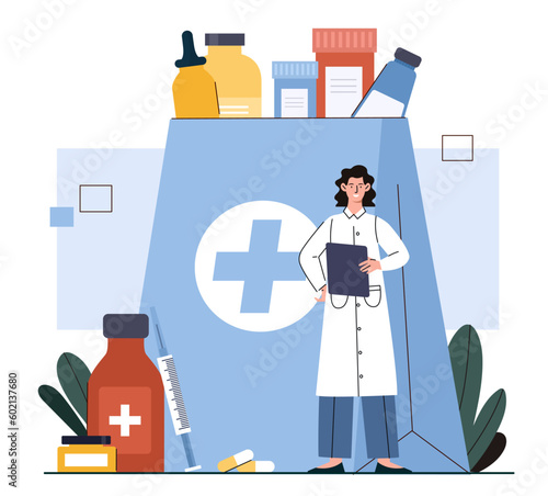 Concept of pharmacy. Woman in medical gown stands in front of bag with syringes and pills. Medical employee choosing medicaments. Pharmacy online store. Cartoon flat vector illustration