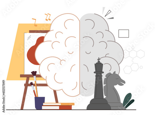 Side of brain. Creative and logical part of brain, thinking. Biology and anatomy. Science and creativity. Brushes with canvas and books and chess pieces. Cartoon flat vector illustration