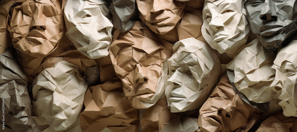 Faces made of crumpled up paper, in the style of earth tone color palettes. Generative Ai.
Faces made of crumpled up paper, in the style of earth tone color palettes. Generative Ai.