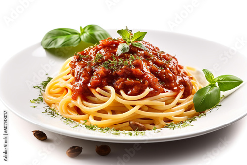 A white plate topped with spaghetti Bolognese and green leaves. Generative AI image.